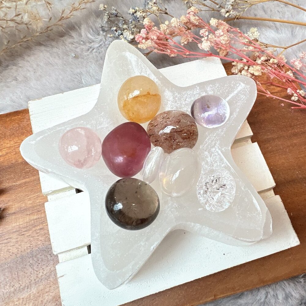 Beautiful Selenite Star Bowl with Mini Crystal Tumbles Bundle Gift Set